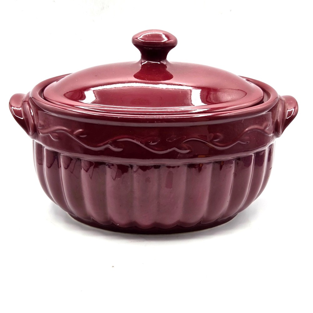 Celebrating Home Burgundy/Berry Bean Pot With Lid 4-Quart Stoneware Casserole